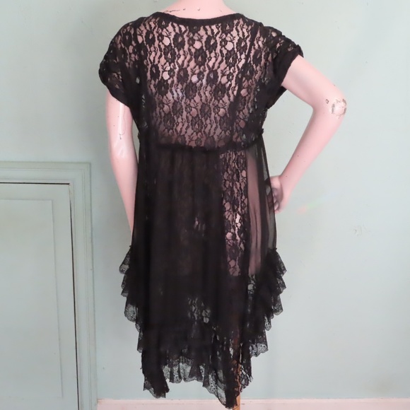 Free People Black Lace Sheer Tunic S Romantic Asymmetric Hem Cap Sleeves - Picture 5 of 7